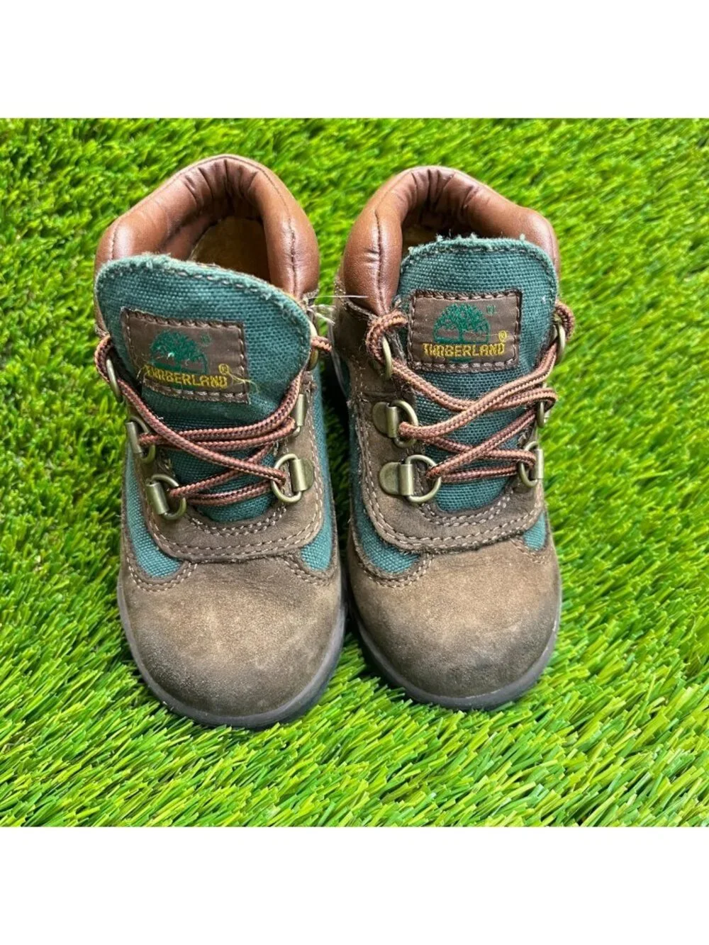 Timberland Field Boys Size 8C Brown Green Outdoor Waterproof Lace Up Ankle Boots